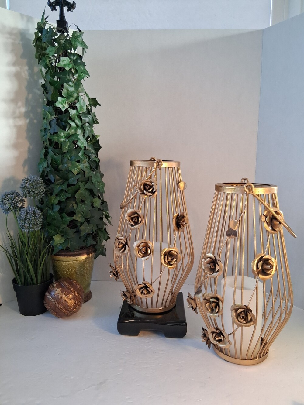 'Pure Source' Golden Metal Tall Candle Holders; Pair of 2; Pristine Cond.